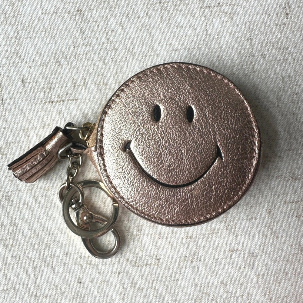Anya Hindmarch Smiley Face Coin Purse Bag Charm Keychain Metallic Leather